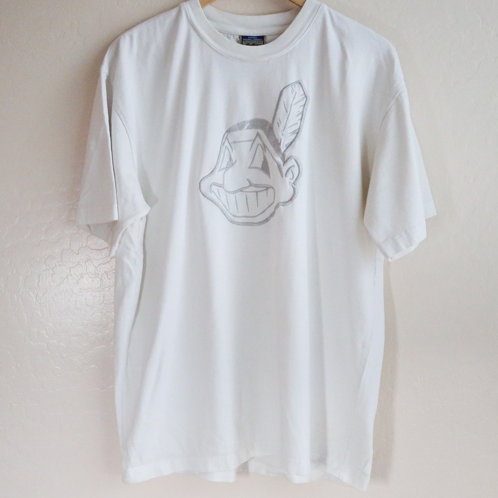 Vintage Cleveland Indians T-Shirt Chief Wahoo Embroidered Large L White